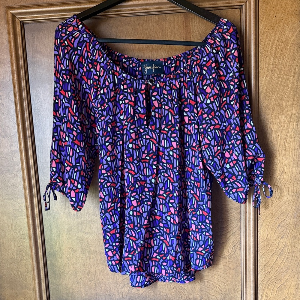 Yumi Kim Purple Multi-Print Peasant Top with Tie Sleeves